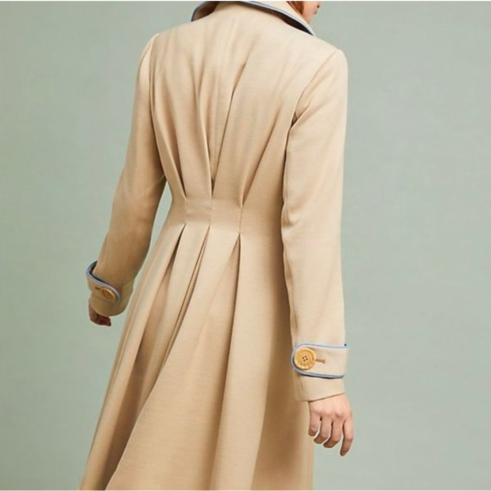 Anthropologie ett:twa Beige Piped Trench Coat with Blue Trim, Size 6 - Picture 2 of 11